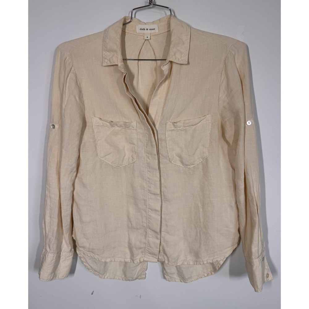 Cloth & Stone Yellow 100% Linen Roll Tab Sleeve Button‎ Up Pocket Shirt Size S